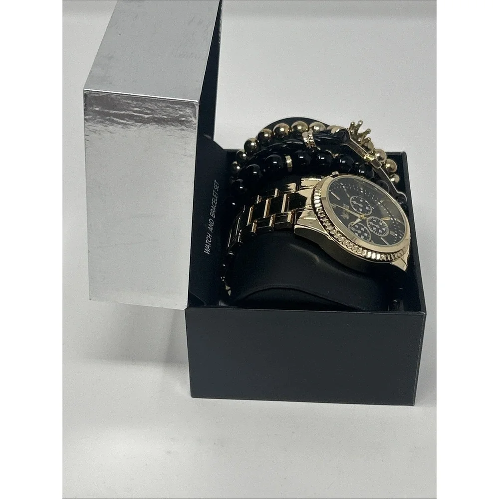 NIB American Exchange Men's Watch & Bracelet Set Gold Tone Black Face